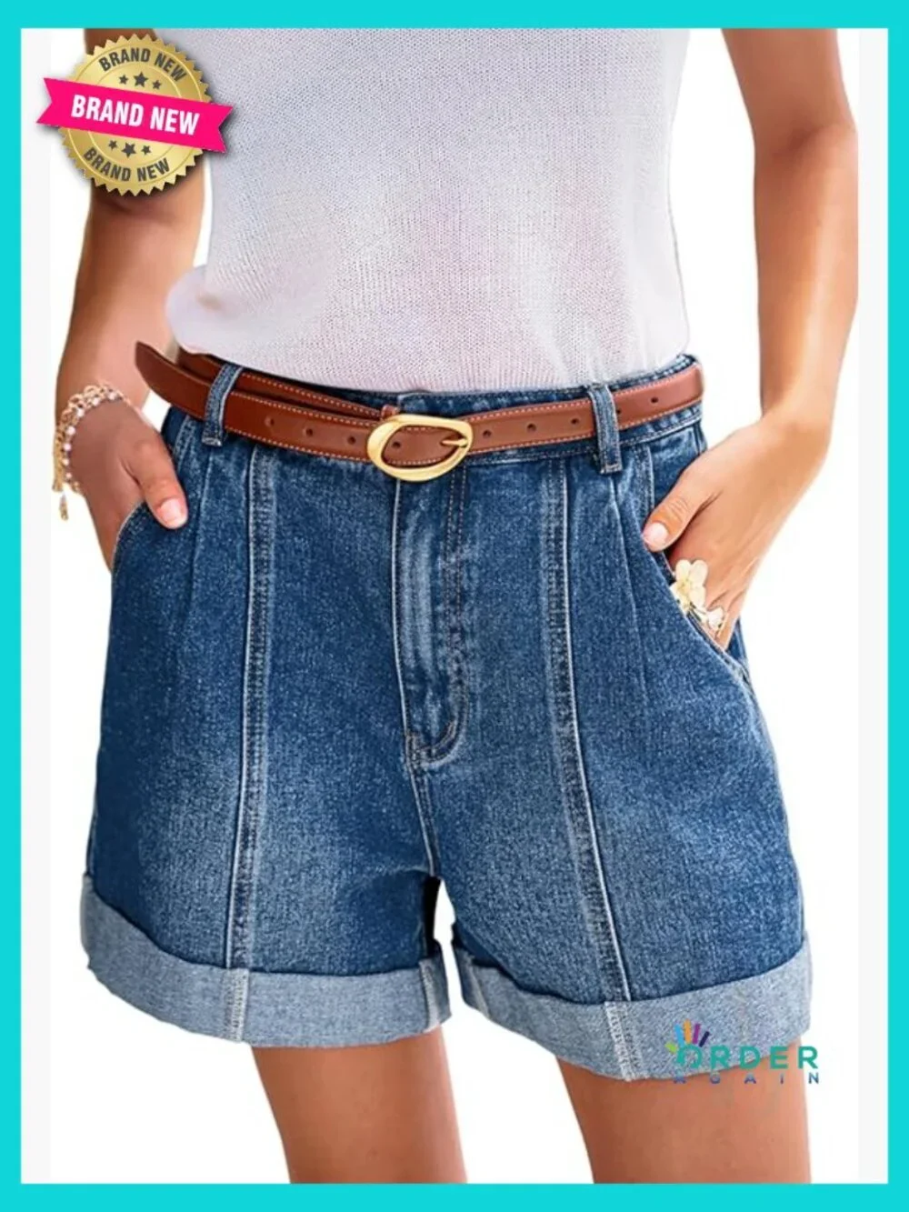 High Waist Rolled Hem Jean Shorts Retro Casual Cuffed Denim Summer Straight Fit